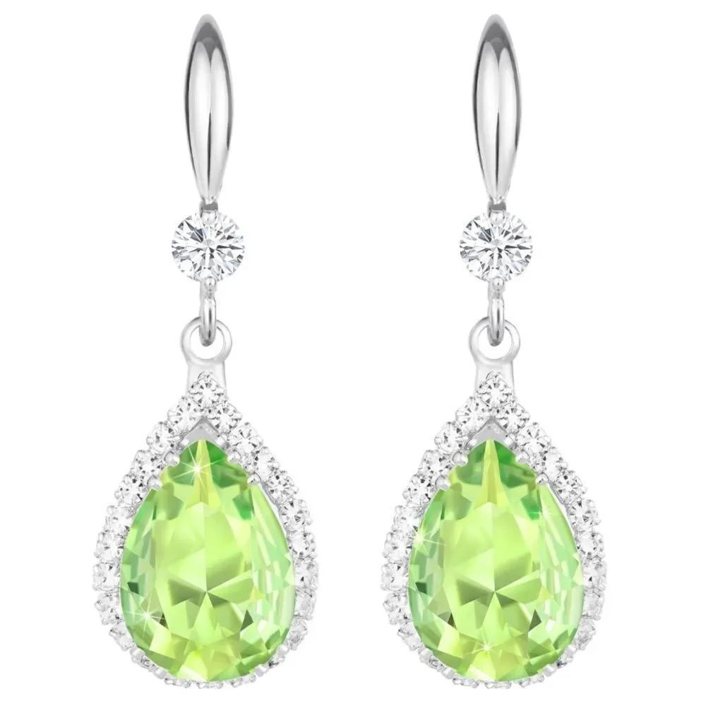 14K White Gold with Peridot Green Cubic Zirconia Teardrop Hook Dangle Earrings